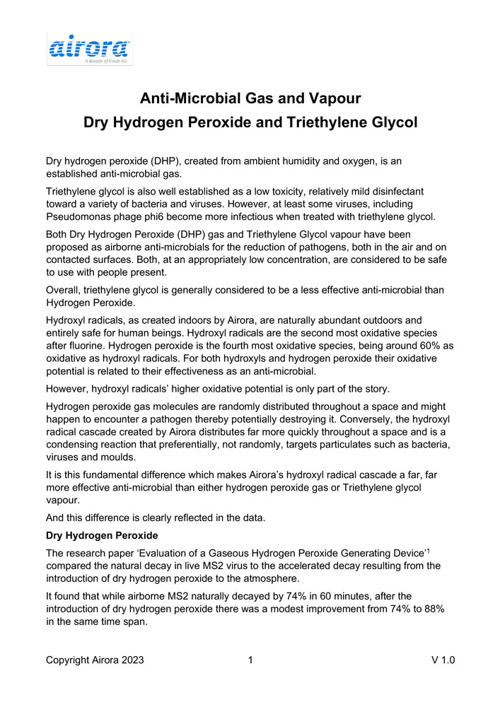 Anti-Microbial Gas and Vapour - Dry Hydrogen Peroxide and Triethylene Glycol